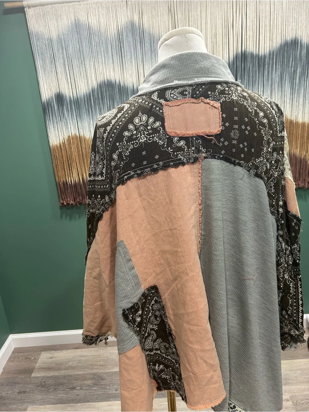 POL Patchwork Button-Down Shirt in Peach, Gray, Black, Yellow